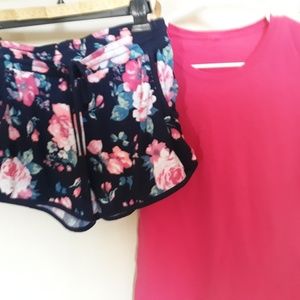 Hot Pink Hanes Tee Medium, with flowered shorts